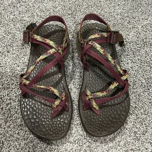 Purple and green patterned chaco sandals